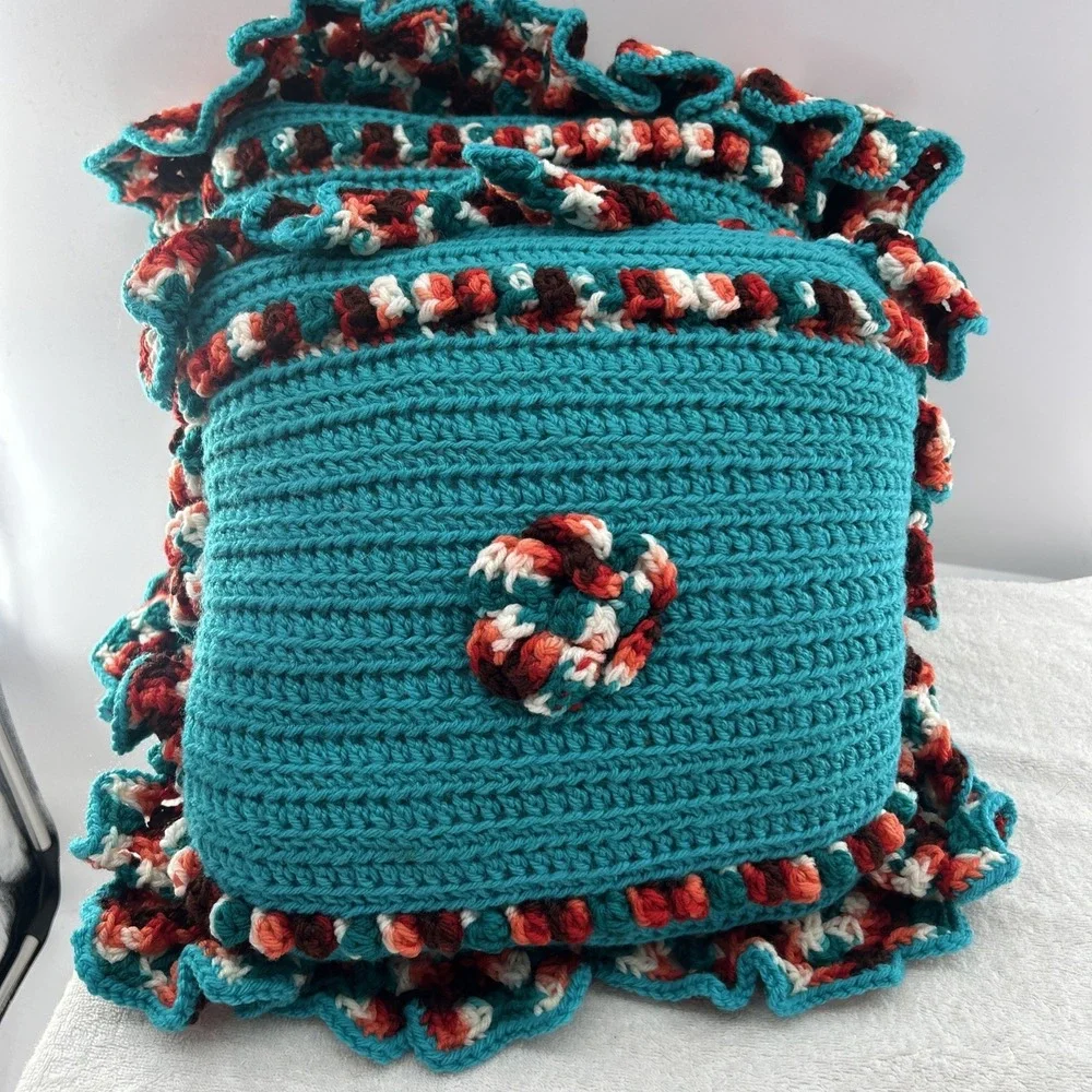 Decorative Pillows Handmade Crocheted Throw Pillows 3D Decor Teal Knit‎ Ruffles
